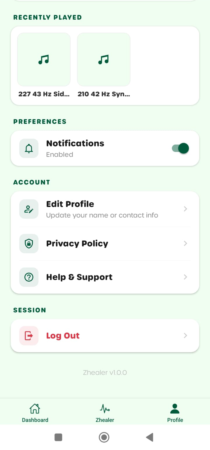 Zhealer profile with recently played tracks and preferences
