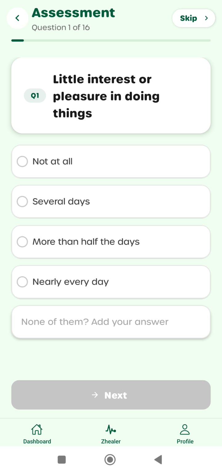 PHQ-9 mental health assessment in Zhealer